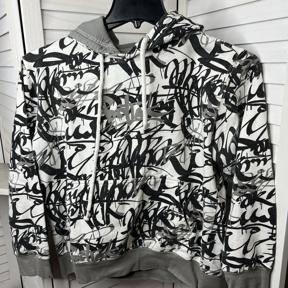 Massive Hooded Sweatshirt Mens Black White Grey Graphic Hoodie Pocket Size Small